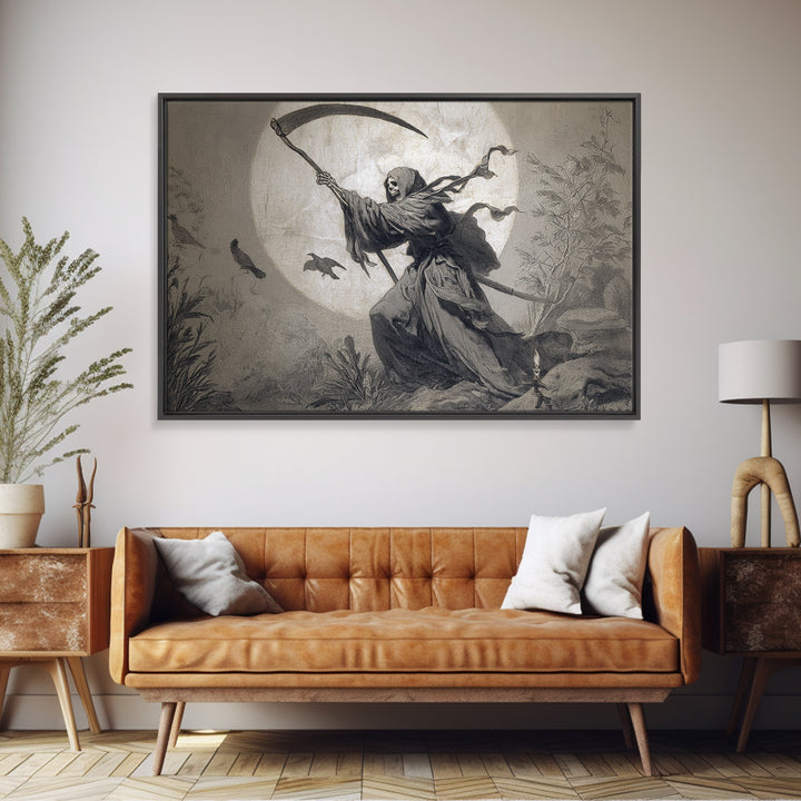 The Fog-Bound Reaper, Medieval Grotesque Art, Landscape Wall Art, Macabre Wall Art, Framed Canvas Print, Halloween Wall Art