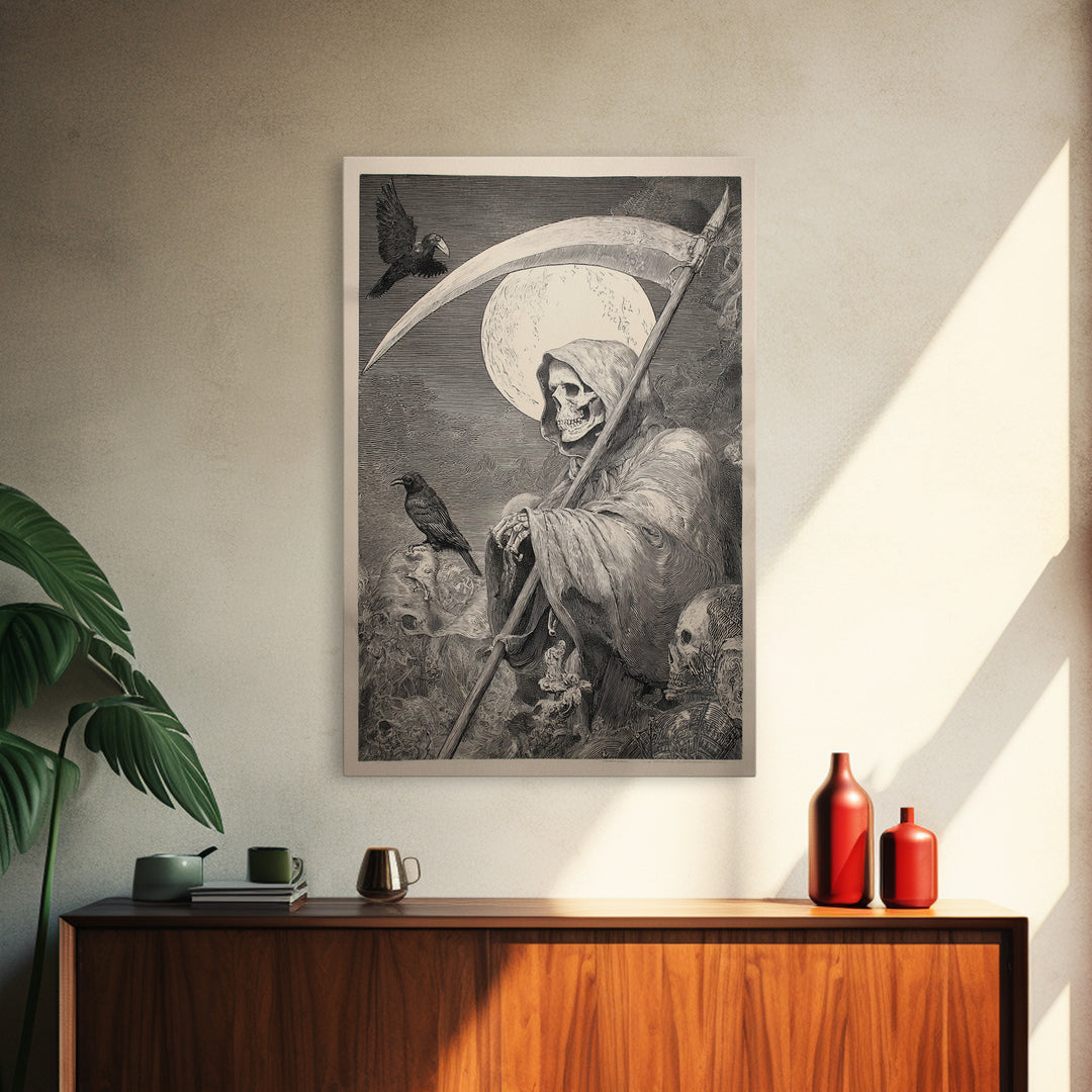 The Fog-Bound Reaper, Renaissance Engraving Art, Vertical Wall Art, Gothic Horror Wall Art, Canvas Print, Halloween Wall Art