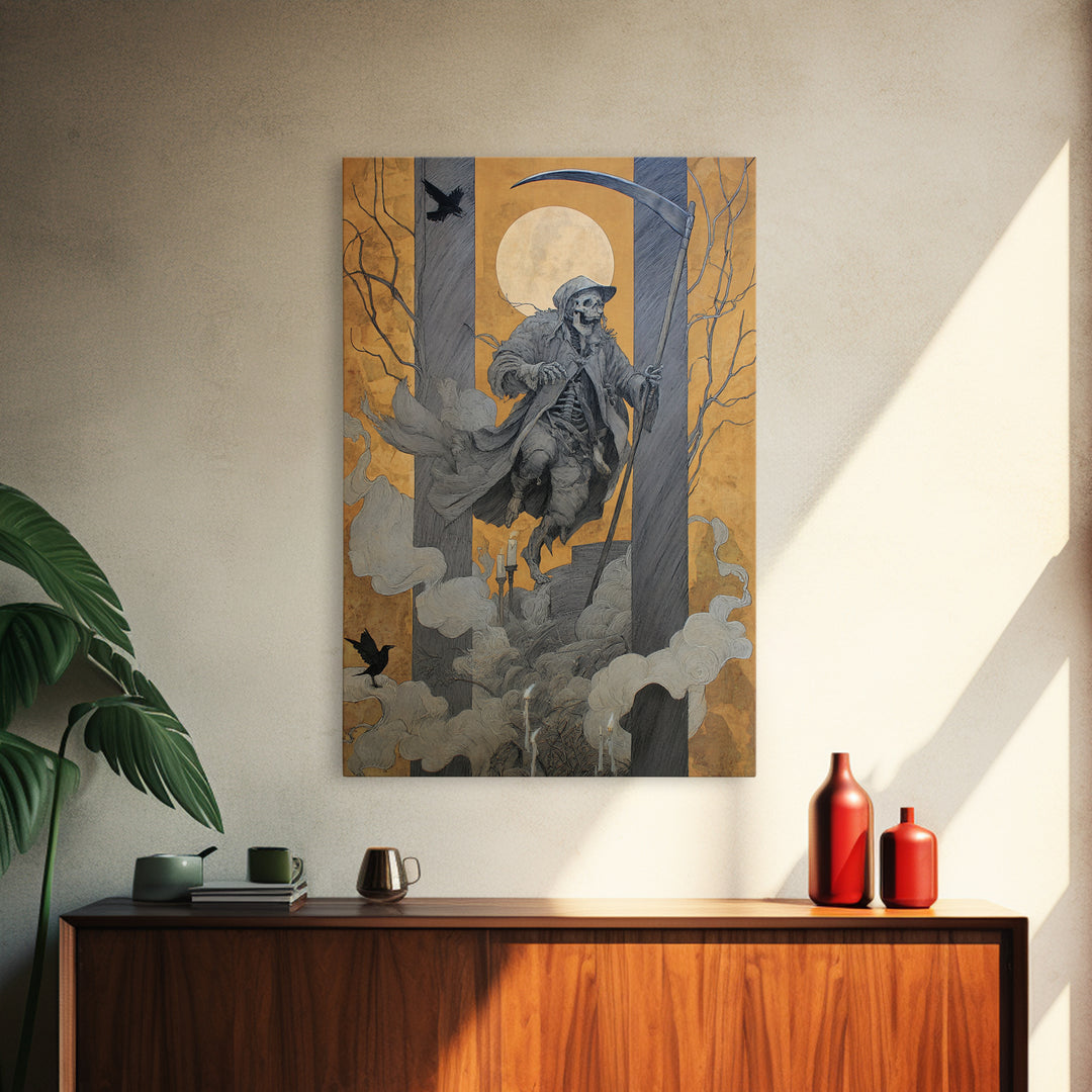The Fog-Bound Reaper, Danse Macabre Art, Vertical Wall Art, Gothic Horror Wall Art, Framed Canvas Print