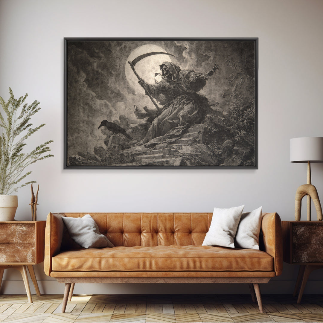The Fog-Bound Reaper, Baroque Witchcraft Art, Landscape Wall Art, Dark Fantasy Wall Art, Framed Canvas Print, Halloween Wall Art