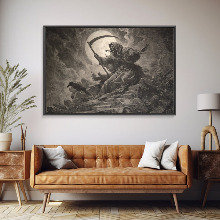 The Fog-Bound Reaper, Baroque Witchcraft Art, Landscape Wall Art, Dark Fantasy Wall Art, Framed Canvas Print, Halloween Wall Art