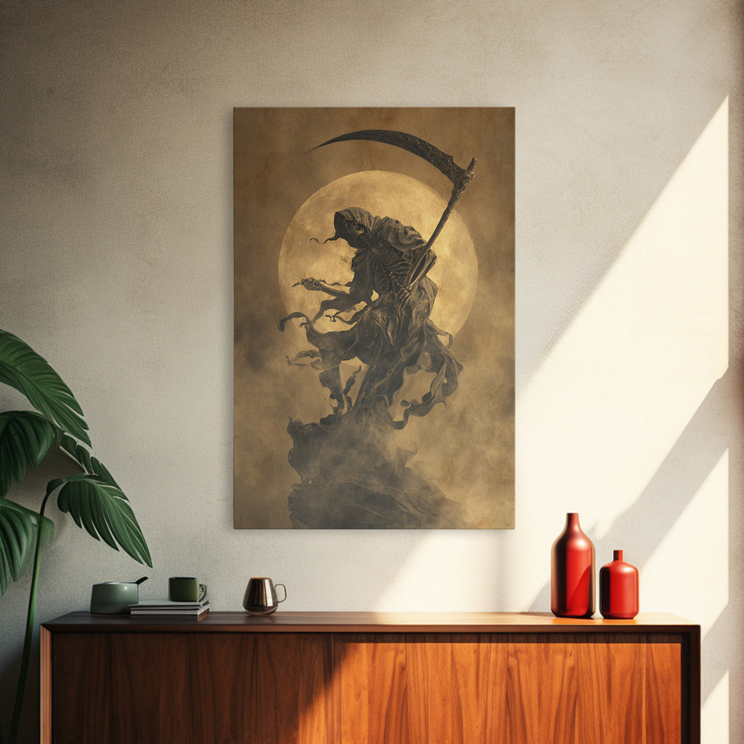 The Fog-Bound Reaper, Dark Romantic Horror Art, Vertical Wall Art, Macabre Wall Art, Canvas Print, Halloween Wall Art, Halloween Decor