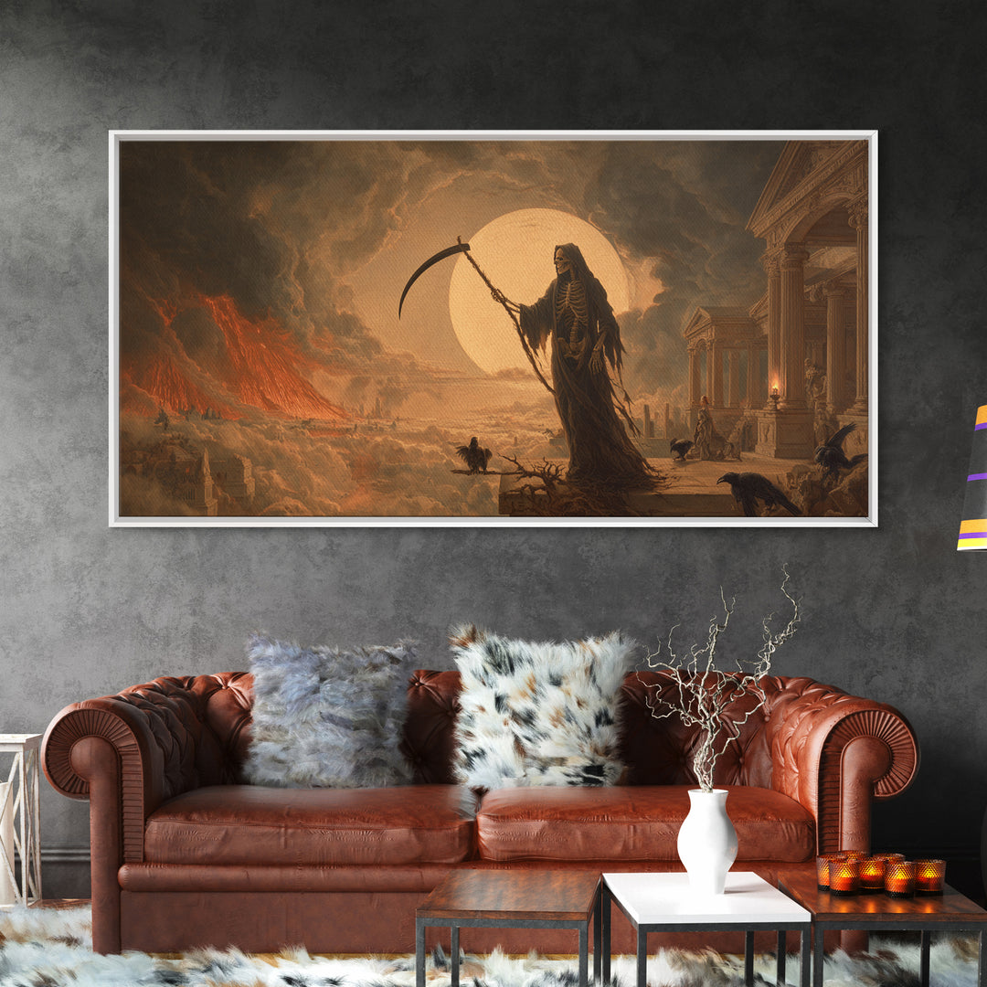 The Fog-Bound Reaper, Apocalyptic Romantic Art, Wide Panoramic Art, Macabre Wall Art, Canvas Print, Halloween Wall Art, Halloween Decor