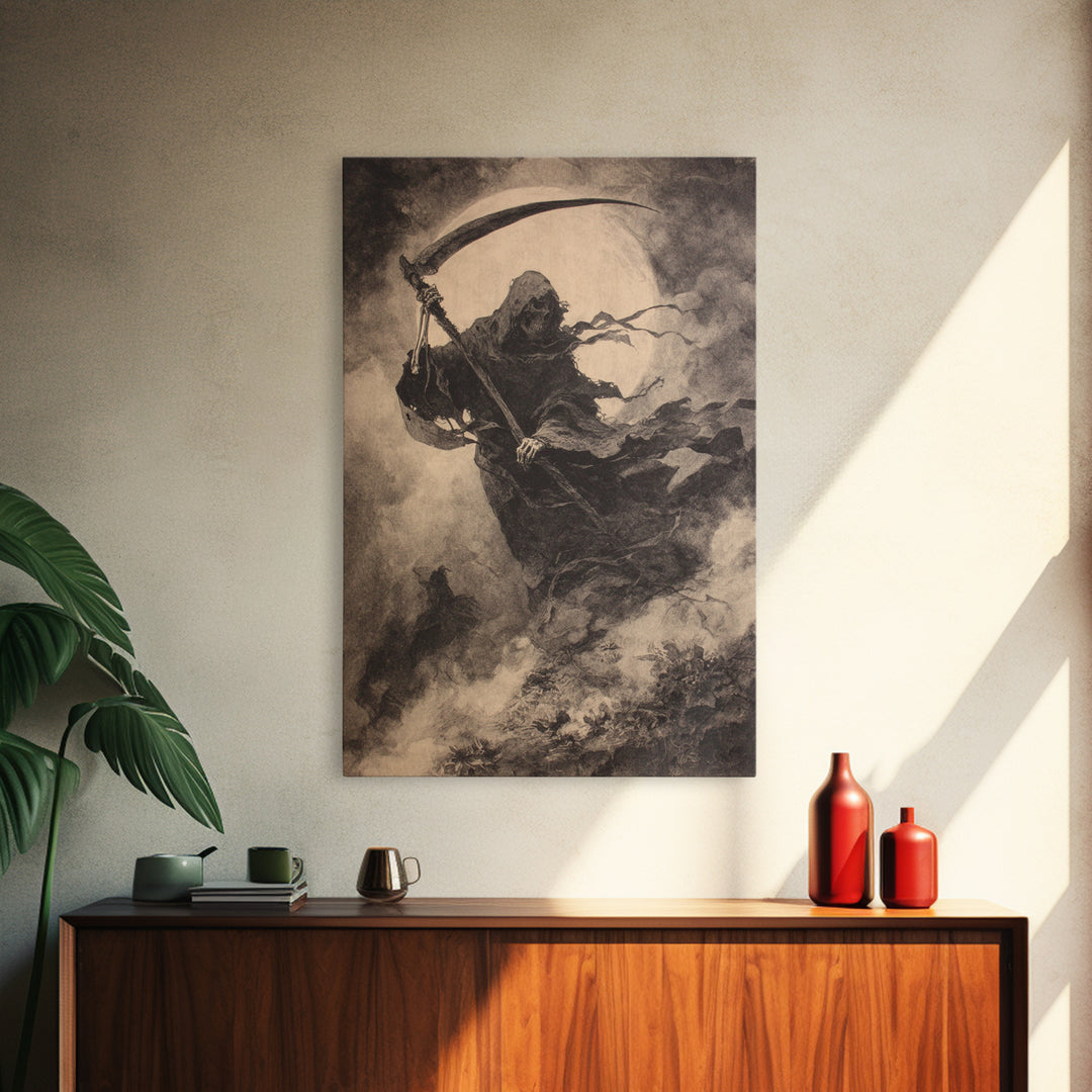 The Fog-Bound Reaper, Symbolist Dream Art, Vertical Wall Art, Dark Fantasy Wall Art, Canvas Print, Halloween Wall Art