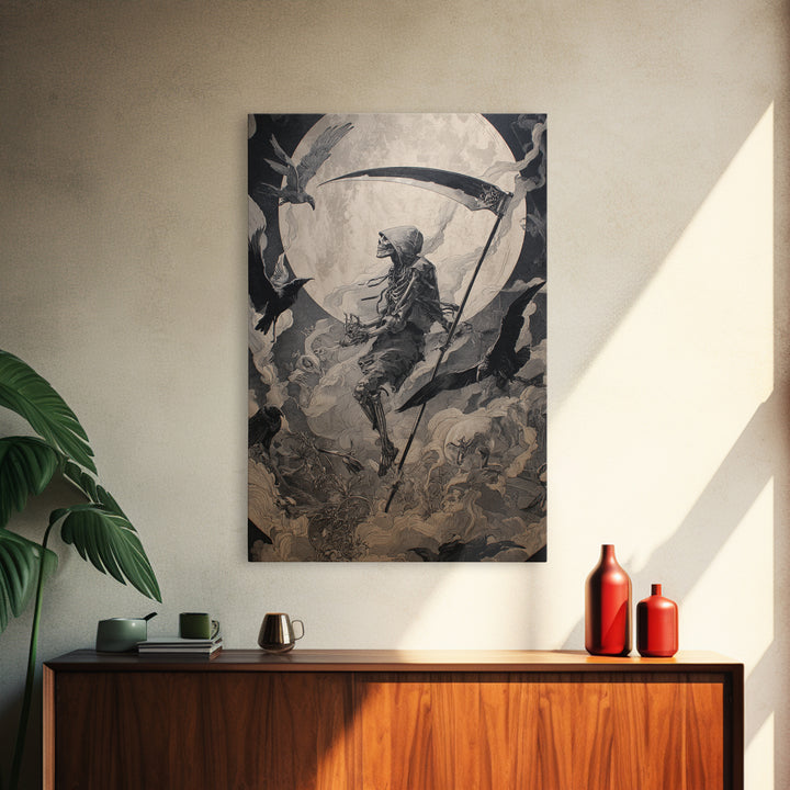 The Fog-Bound Reaper, Ornate Symbolist Art, Vertical Wall Art, Gothic Horror Wall Art, Canvas Print, Halloween Wall Art