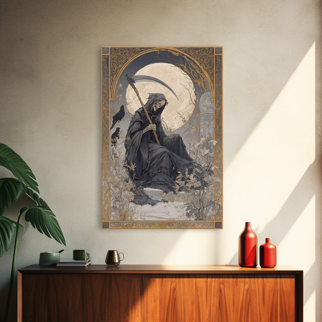 The Fog-Bound Reaper, Symbolist Death Art, Vertical Wall Art, Dark Halloween Decor, Canvas Print, Halloween Wall Art
