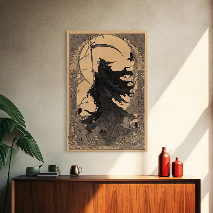 The Fog-Bound Reaper, Decadent Line Art, Vertical Wall Art, Gothic Horror Wall Art, Canvas Print, Halloween Wall Art