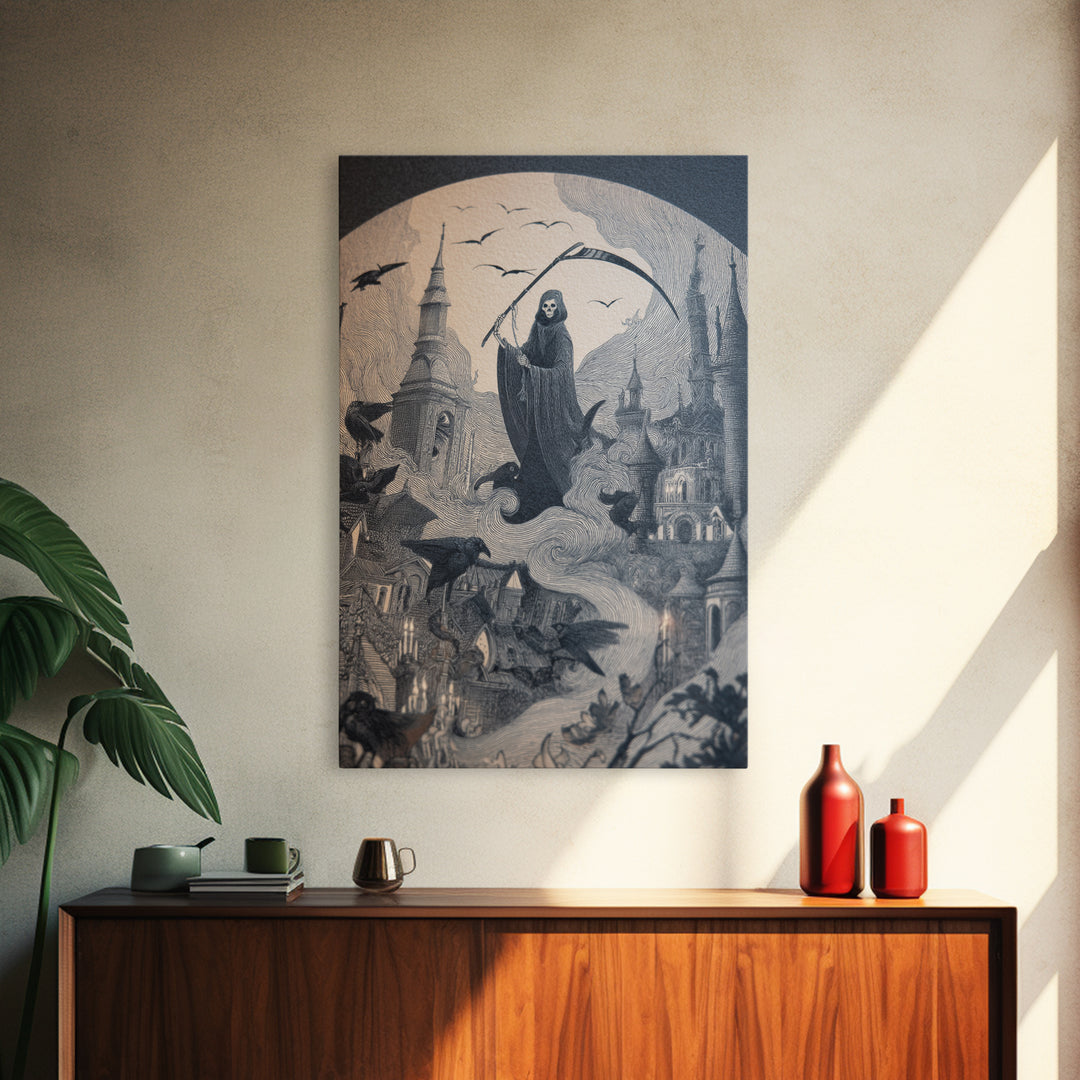 The Fog-Bound Reaper, Victorian Macabre Art, Vertical Wall Art, Dark Halloween Decor, Canvas Print, Halloween Wall Art, Dark Fantasy Art