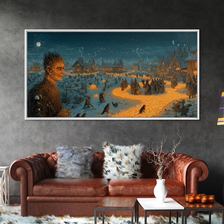 The Candlewax Man, Northern Renaissance Horror, Wide Panoramic Art, Dark Fantasy Wall Art, Framed Canvas Print, Halloween Wall Art