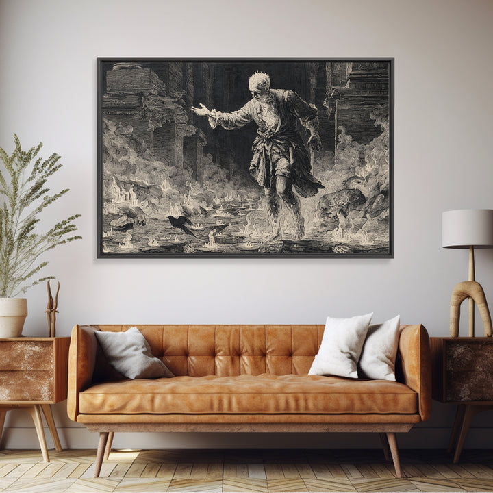 The Candlewax Man, Architectural Etching Art, Landscape Wall Art, Macabre Wall Art, Framed Canvas Print, Halloween Wall Art