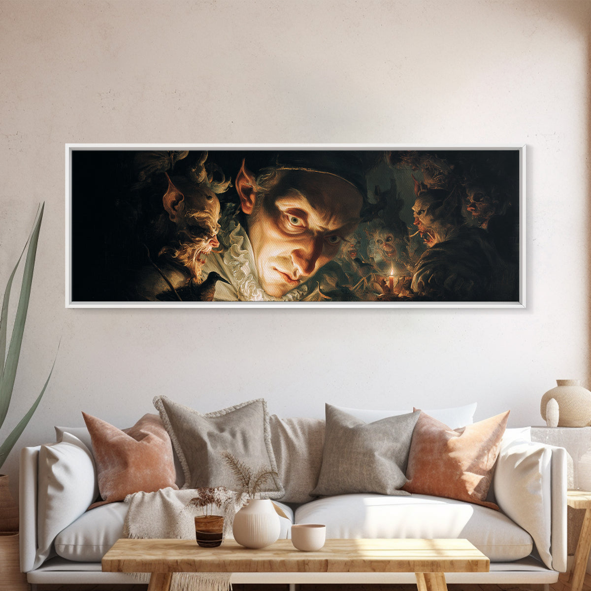 The Mirror Spirit, Medieval Grotesque Art, Extra Wide Wall Art, Dark Halloween Decor, Framed Canvas Print, Halloween Wall Art