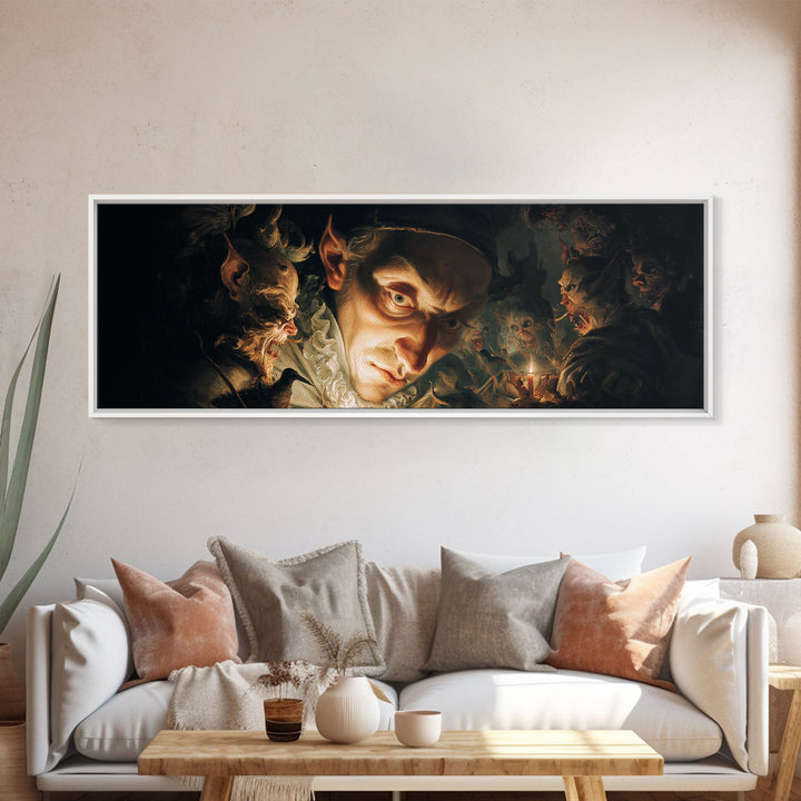 The Mirror Spirit, Medieval Grotesque Art, Extra Wide Wall Art, Dark Halloween Decor, Framed Canvas Print, Halloween Wall Art