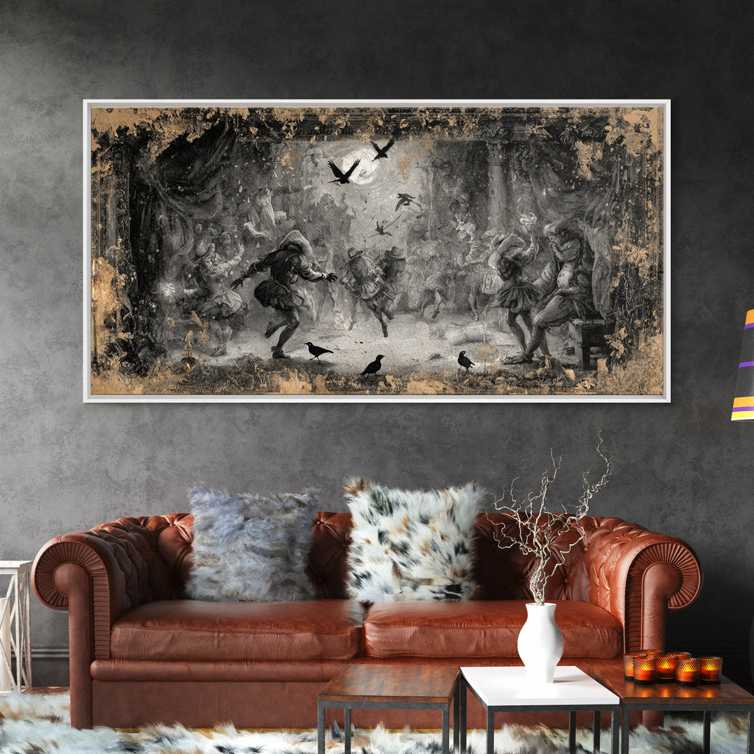 The Mirror Spirit, Northern Renaissance Horror, Wide Panoramic Art, Dark Halloween Decor, Canvas Print, Halloween Wall Art
