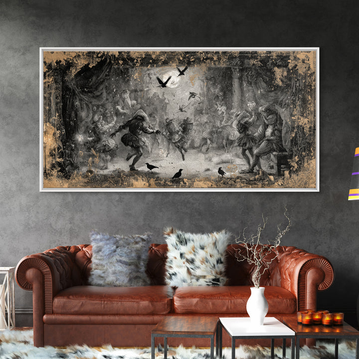 The Mirror Spirit, Northern Renaissance Horror, Wide Panoramic Art, Dark Halloween Decor, Canvas Print, Halloween Wall Art