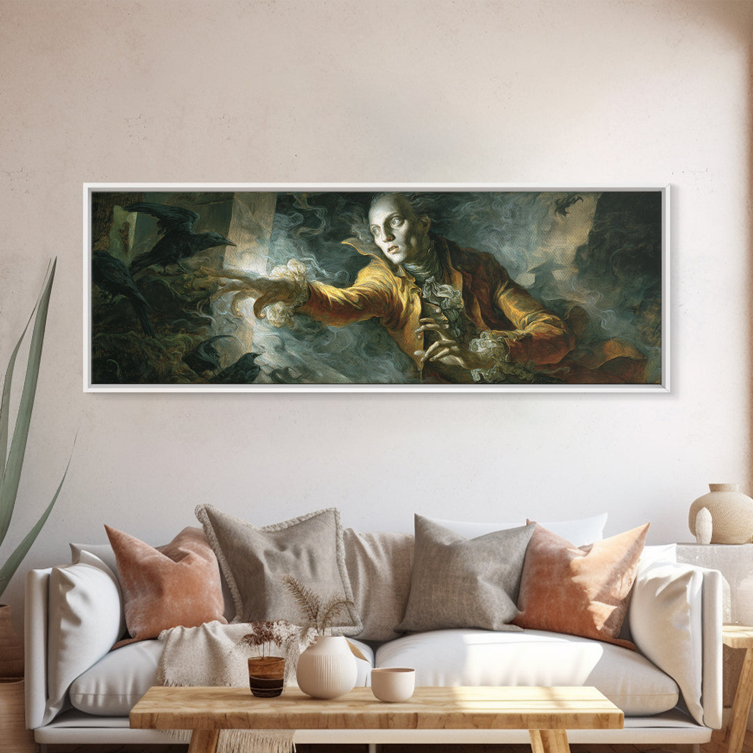 The Mirror Spirit, Visionary Gothic Art, Extra Wide Wall Art, Macabre Wall Art, Framed Canvas Print, Halloween Wall Art