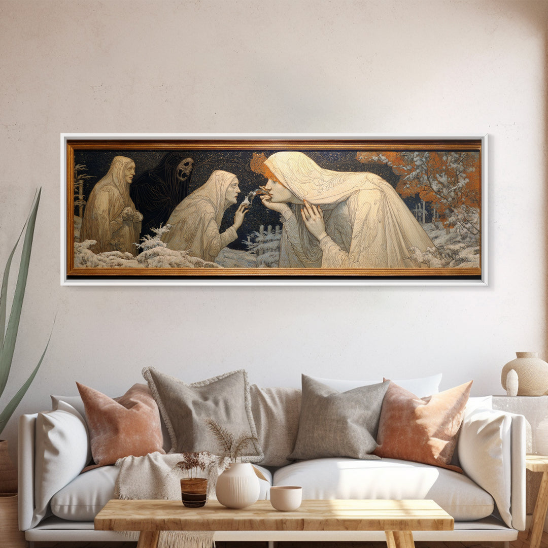 The Mirror Spirit, Symbolist Death Art, Extra Wide Wall Art, Macabre Wall Art, Framed Canvas Print, Halloween Wall Art