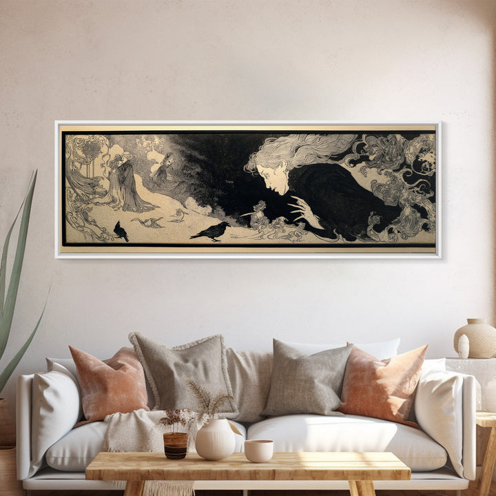 The Mirror Spirit, Decadent Line Art, Extra Wide Wall Art, Gothic Horror Wall Art, Canvas Print, Halloween Wall Art