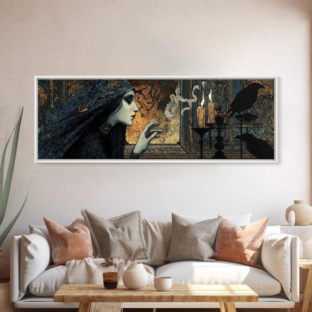 The Mirror Spirit, Stained Glass Gothic Art, Extra Wide Wall Art, Dark Halloween Decor, Framed Canvas Print, Halloween Wall Art