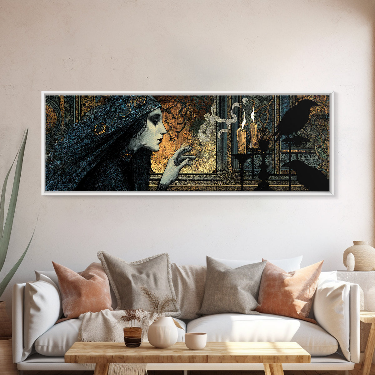 The Mirror Spirit, Stained Glass Gothic Art, Extra Wide Wall Art, Dark Halloween Decor, Framed Canvas Print, Halloween Wall Art
