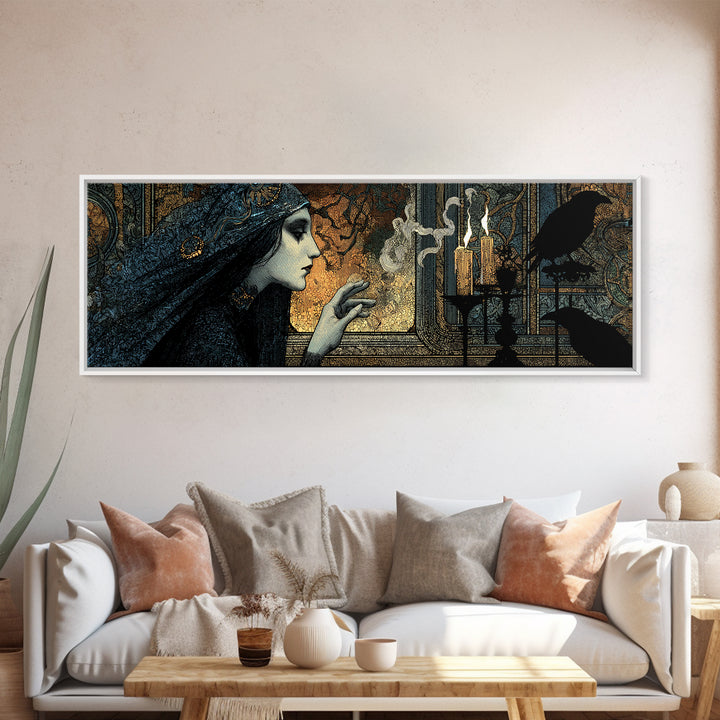 The Mirror Spirit, Stained Glass Gothic Art, Extra Wide Wall Art, Dark Halloween Decor, Framed Canvas Print, Halloween Wall Art