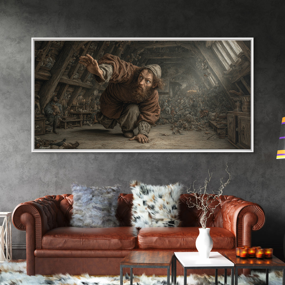 The Attic Whisperer, Northern Renaissance Horror, Wide Panoramic Art, Dark Fantasy Wall Art, Framed Canvas Print