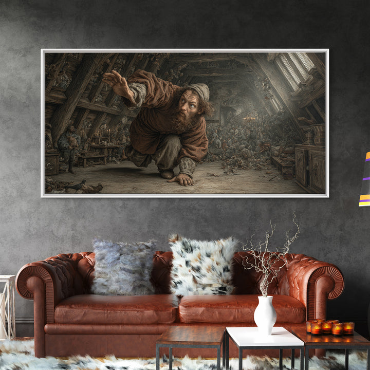The Attic Whisperer, Northern Renaissance Horror, Wide Panoramic Art, Dark Fantasy Wall Art, Framed Canvas Print