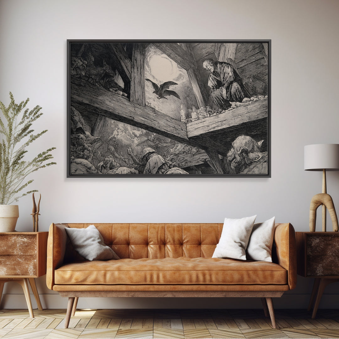 The Attic Whisperer, Renaissance Engraving Art, Landscape Wall Art, Macabre Wall Art, Canvas Print, Halloween Wall Art, Spooky Wall Decor