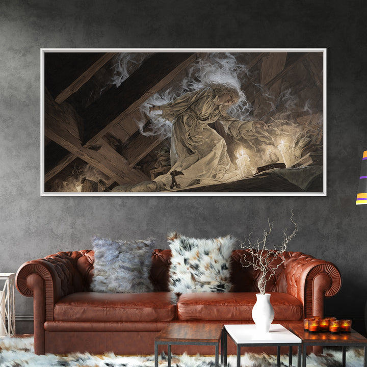 The Attic Whisperer, Visionary Gothic Art, Wide Panoramic Art, Dark Fantasy Wall Art, Framed Canvas Print, Halloween Wall Art
