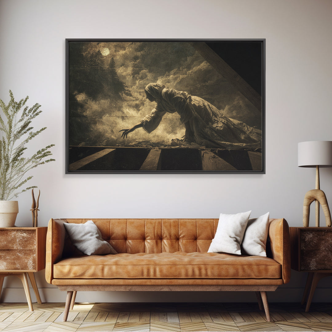 The Attic Whisperer, Symbolist Gothic Landscape, Landscape Wall Art, Macabre Wall Art, Framed Canvas Print, Halloween Wall Art