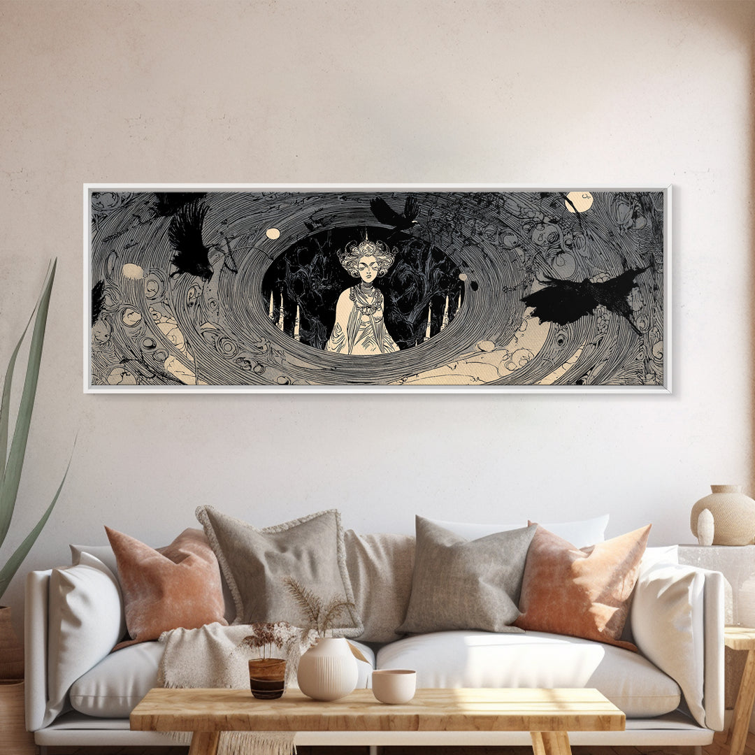 The Attic Whisperer, Decadent Line Art, Extra Wide Wall Art, Macabre Wall Art, Framed Canvas Print, Halloween Wall Art