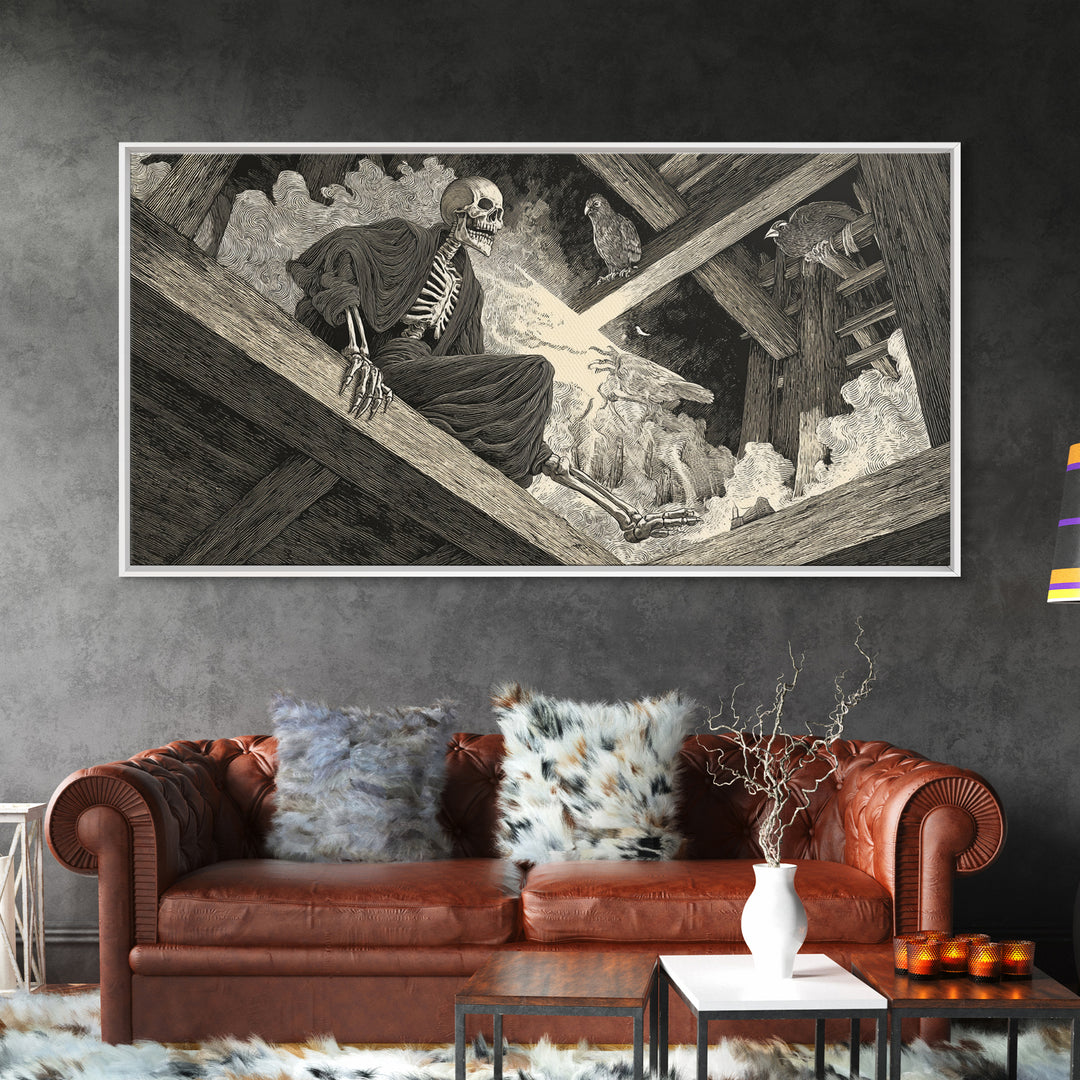 The Attic Whisperer, Macabre Folk Print Art, Wide Panoramic Art, Dark Halloween Decor, Framed Canvas Print, Halloween Wall Art
