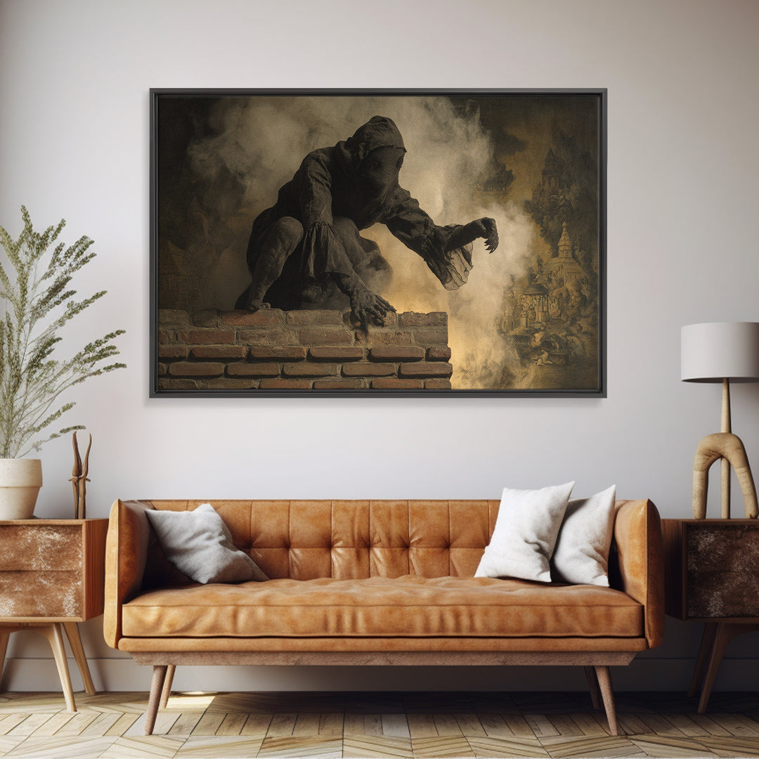 The Chimney Phantom, Medieval Grotesque Art, Landscape Wall Art, Gothic Horror Wall Art, Framed Canvas Print, Halloween Wall Art
