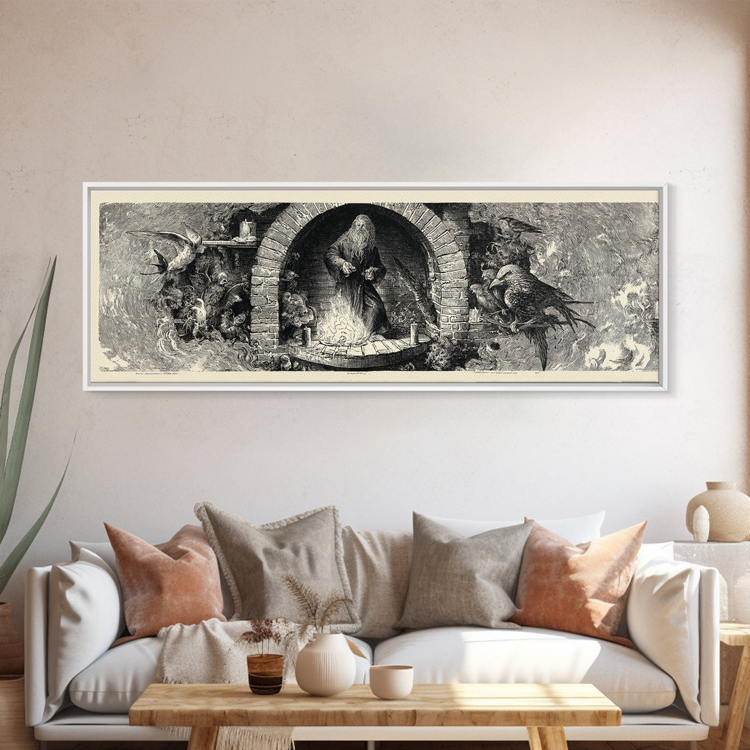 The Chimney Phantom, Renaissance Engraving Art, Extra Wide Wall Art, Gothic Horror Wall Art, Framed Canvas Print, Halloween Wall Art