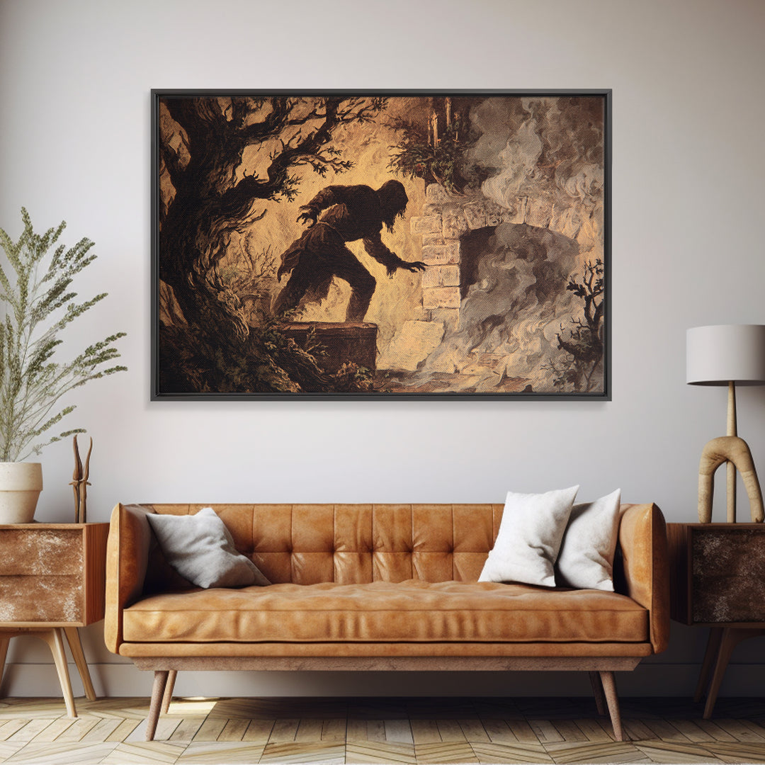 The Chimney Phantom, Baroque Witchcraft Art, Landscape Wall Art, Dark Halloween Decor, Framed Canvas Print, Halloween Wall Art