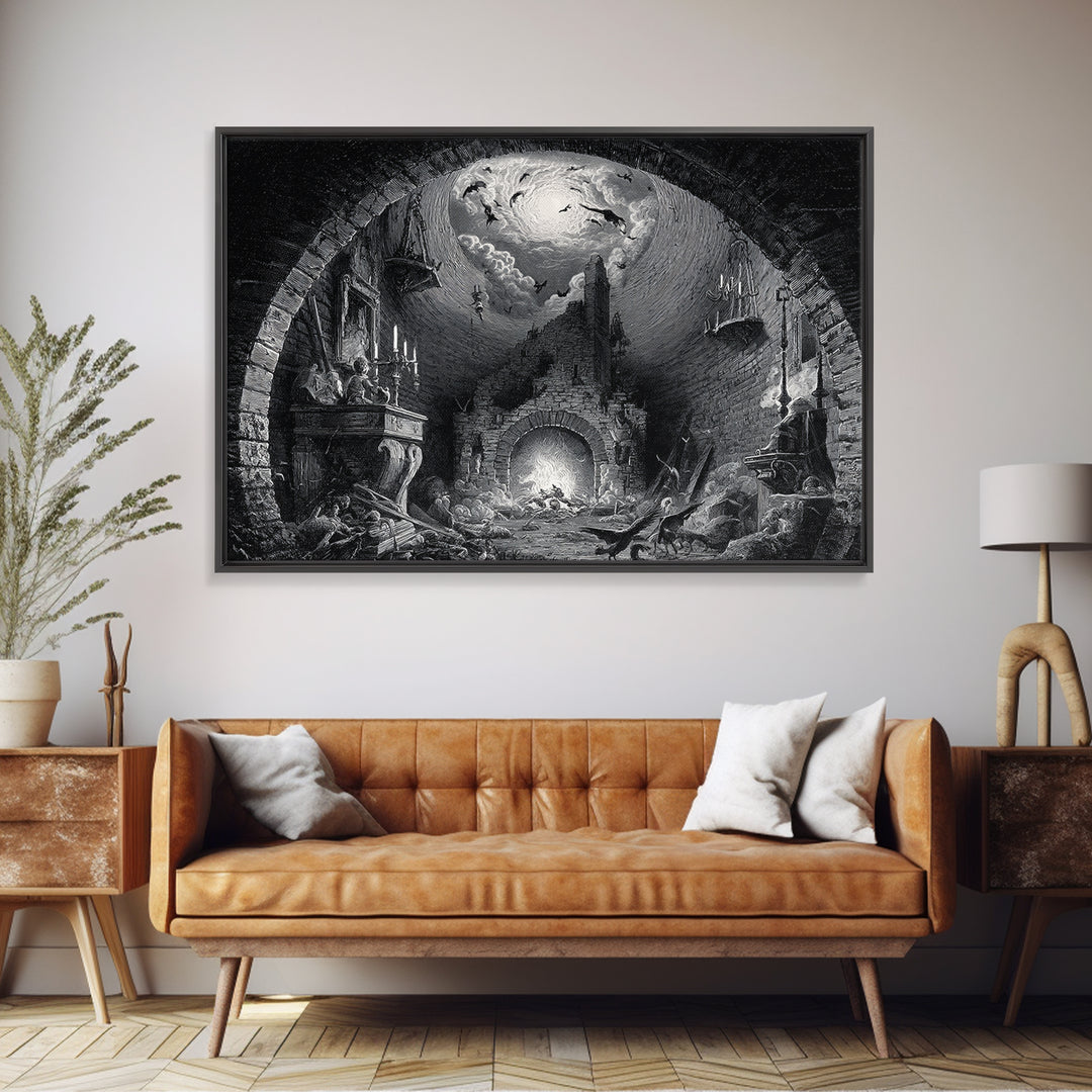 The Chimney Phantom, Architectural Etching Art, Landscape Wall Art, Dark Fantasy Wall Art, Framed Canvas Print