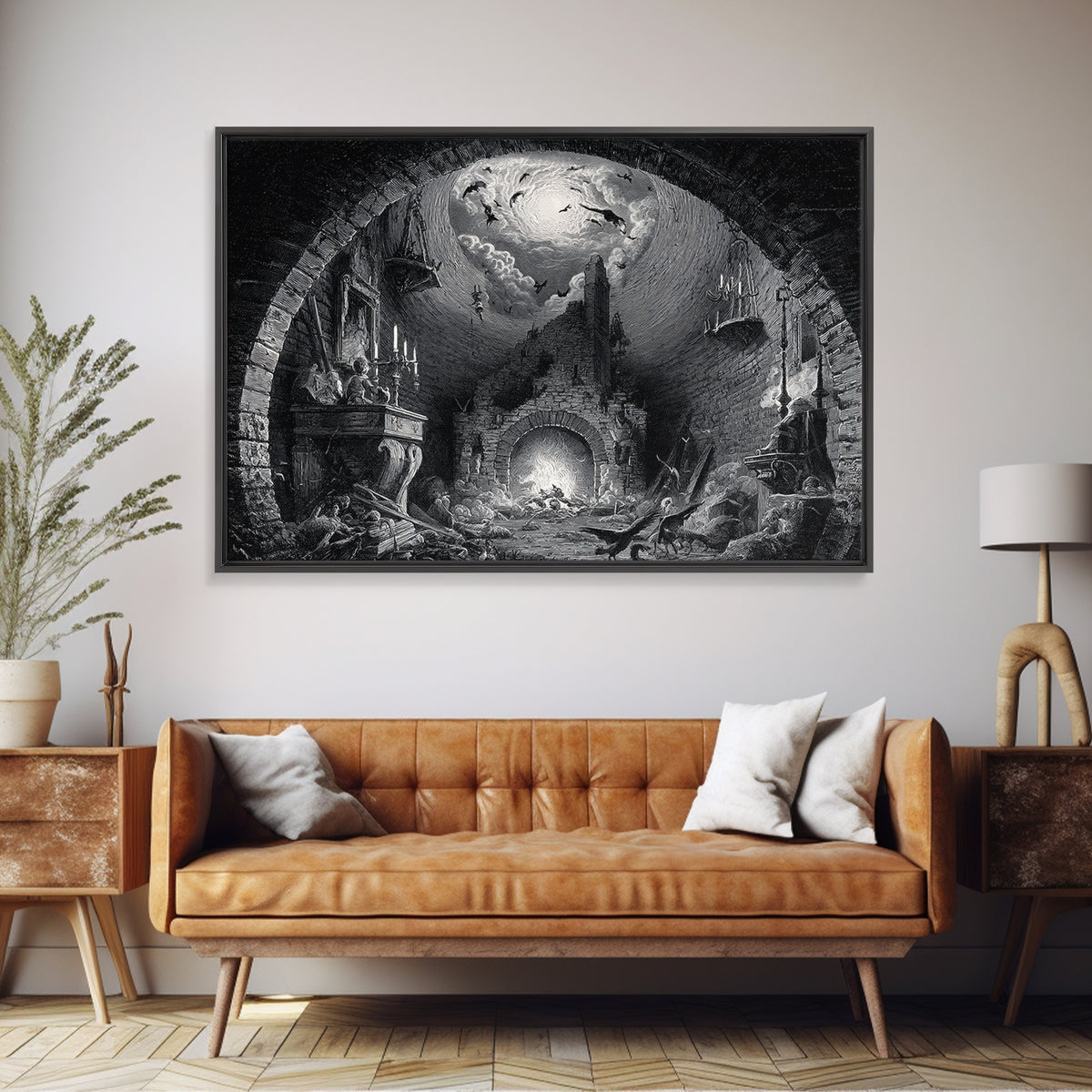 The Chimney Phantom, Architectural Etching Art, Landscape Wall Art, Dark Fantasy Wall Art, Framed Canvas Print