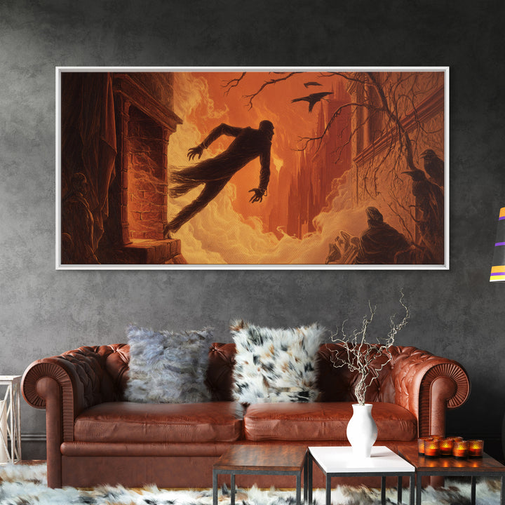 The Chimney Phantom, Apocalyptic Romantic Art, Wide Panoramic Art, Macabre Wall Art, Framed Canvas Print, Halloween Wall Art