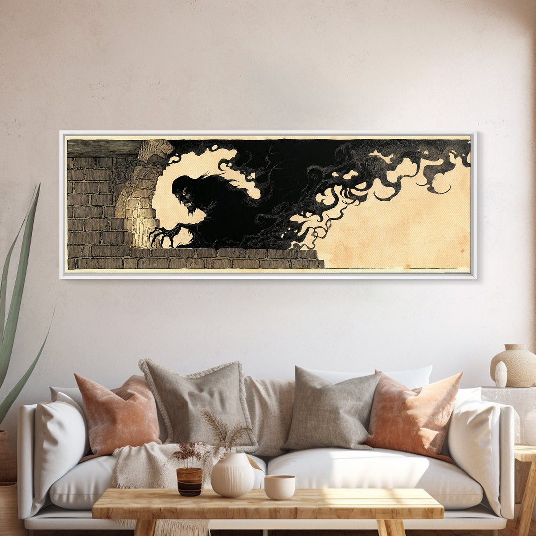 The Chimney Phantom, Decadent Line Art, Extra Wide Wall Art, Gothic Horror Wall Art, Canvas Print, Halloween Wall Art