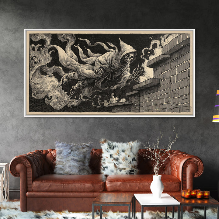 The Chimney Phantom, Macabre Folk Print Art, Wide Panoramic Art, Macabre Wall Art, Framed Canvas Print, Halloween Wall Art