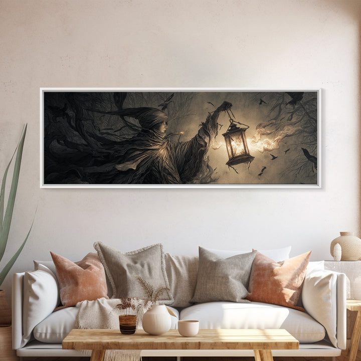 The Lantern Specter, Medieval Grotesque Art, Extra Wide Wall Art, Macabre Wall Art, Framed Canvas Print, Halloween Wall Art