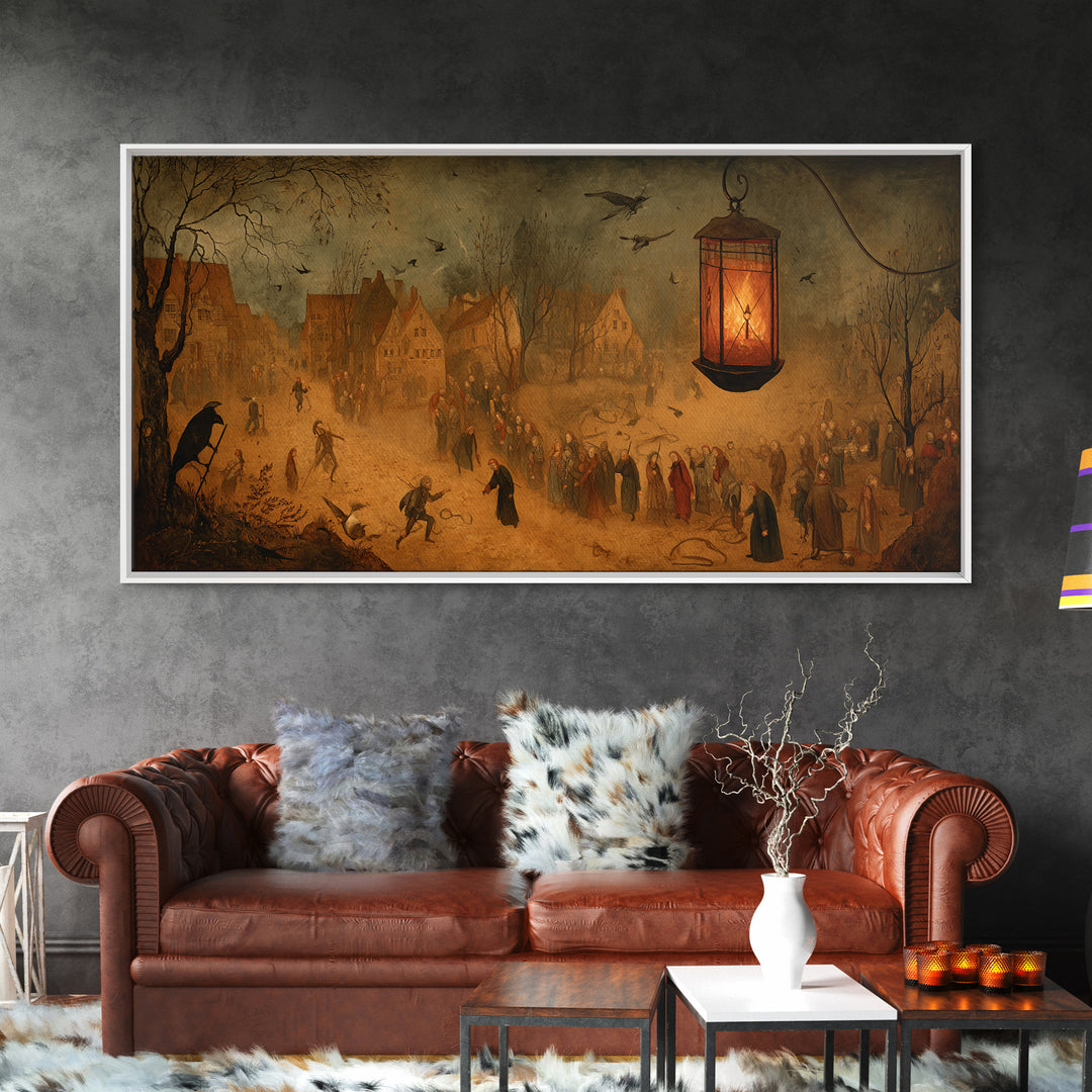 The Lantern Specter, Northern Renaissance Horror, Wide Panoramic Art, Dark Fantasy Wall Art, Canvas Print, Halloween Wall Art