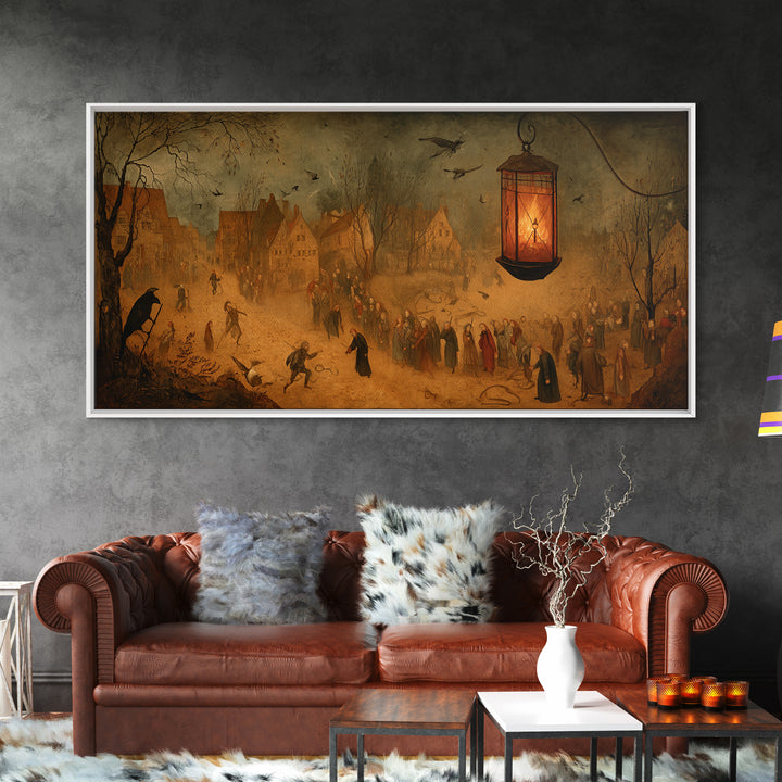 The Lantern Specter, Northern Renaissance Horror, Wide Panoramic Art, Dark Fantasy Wall Art, Canvas Print, Halloween Wall Art