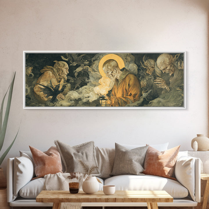 The Lantern Specter, Dark Renaissance Art, Extra Wide Wall Art, Dark Halloween Decor, Framed Canvas Print, Halloween Wall Art