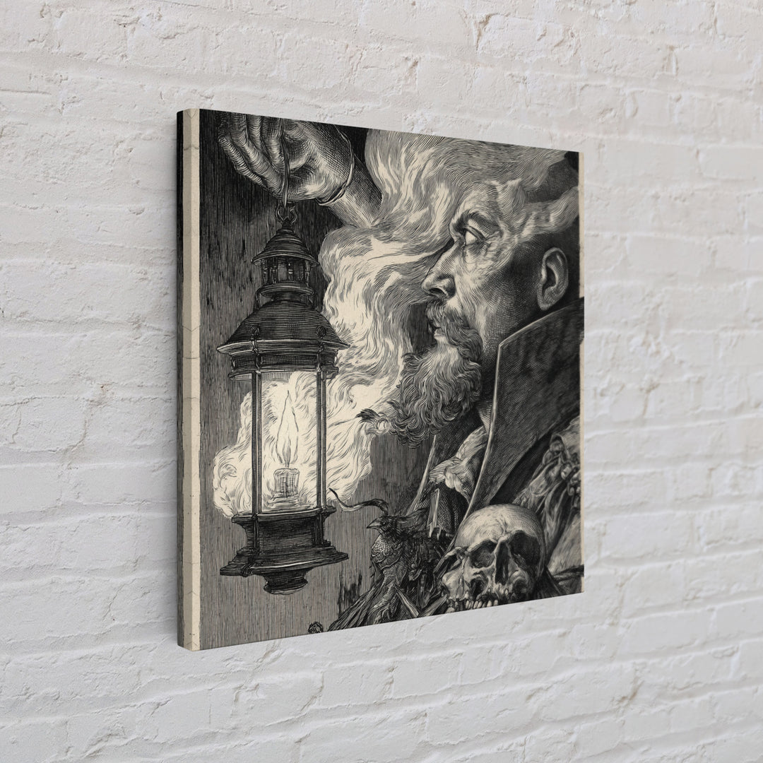 The Lantern Specter, Renaissance Engraving Art, Square Wall Art, Macabre Wall Art, Canvas Print, Halloween Wall Art, Horror Wall Art