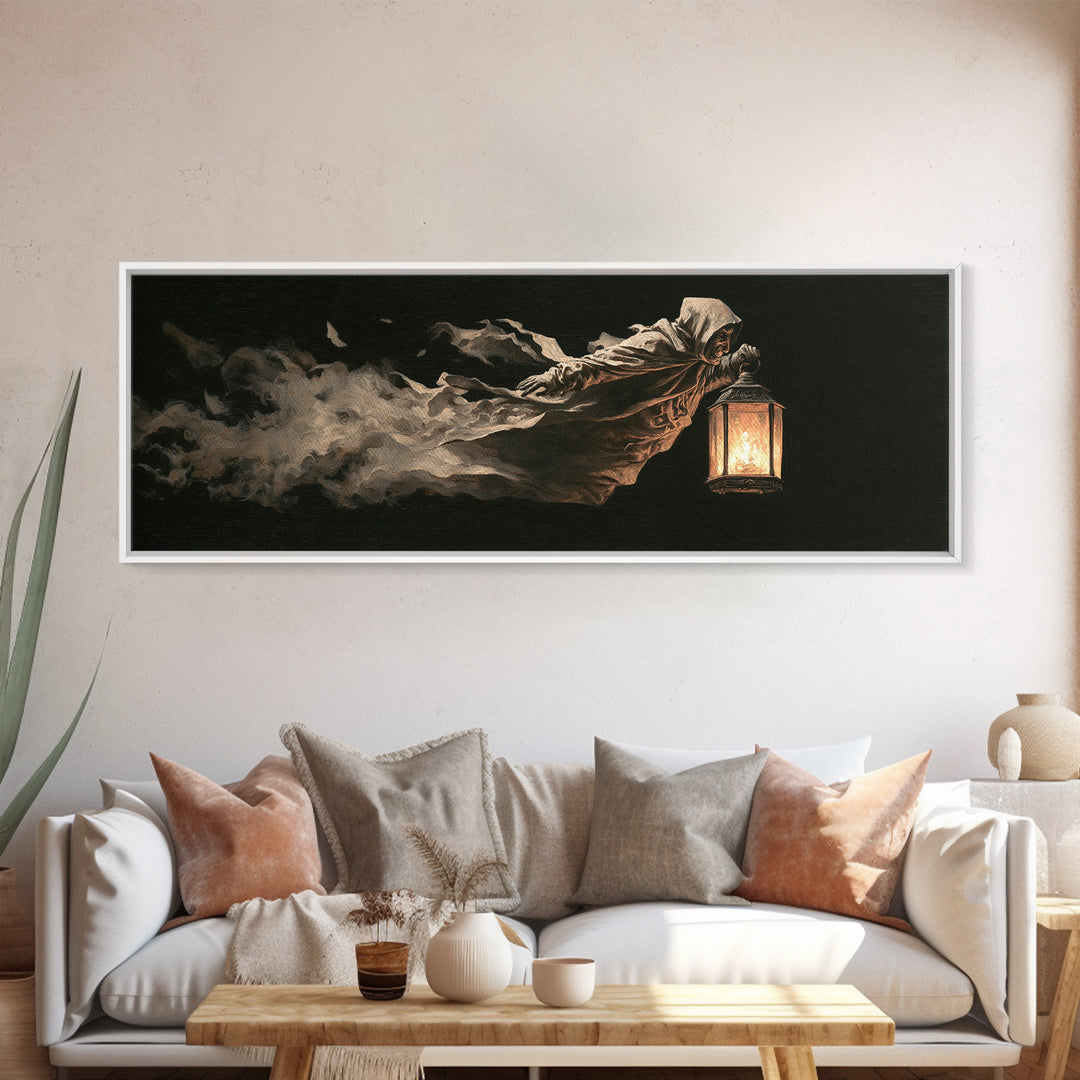 The Lantern Specter, Dark Romantic Horror Art, Extra Wide Wall Art, Dark Fantasy Wall Art, Canvas Print, Halloween Wall Art
