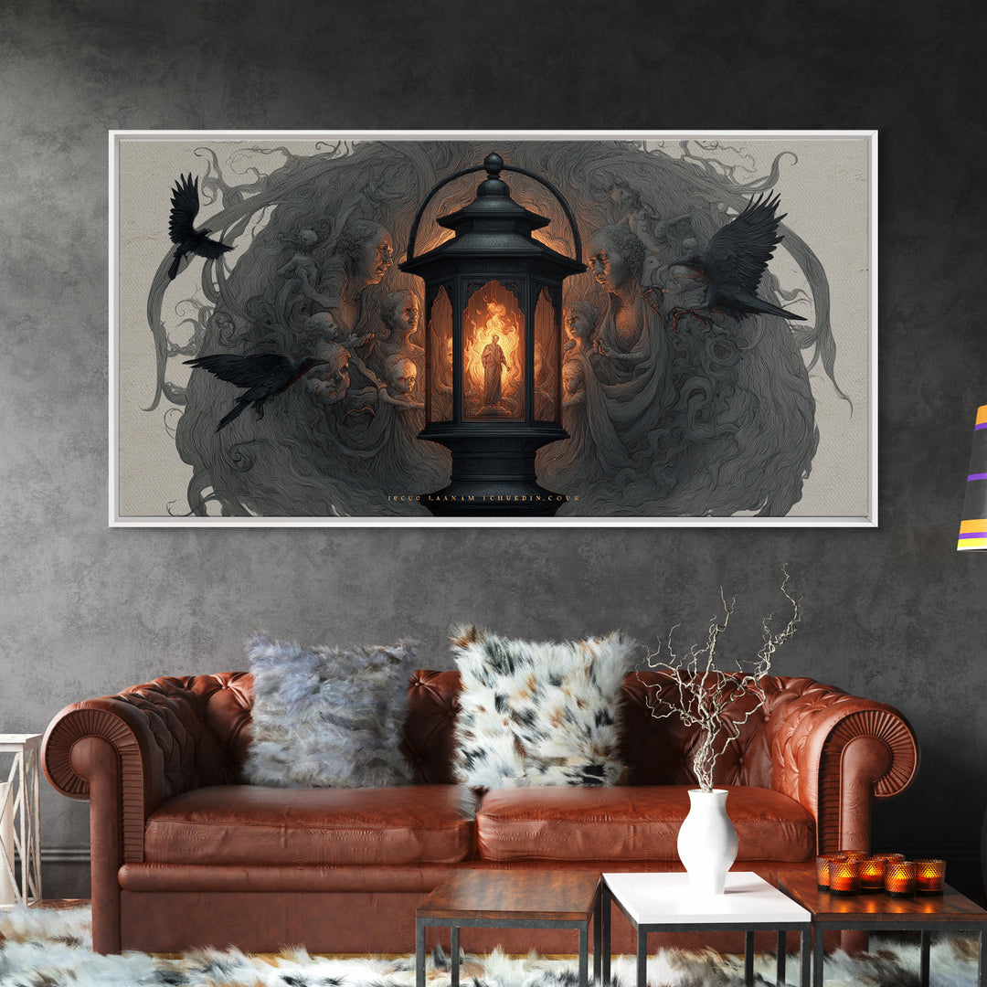 The Lantern Specter, Visionary Gothic Art, Wide Panoramic Art, Dark Fantasy Wall Art, Framed Canvas Print, Halloween Wall Art