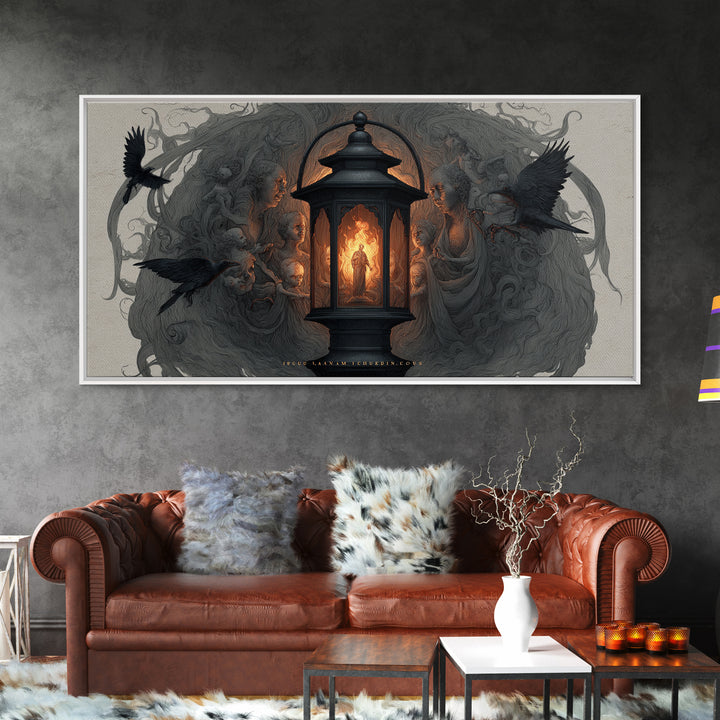 The Lantern Specter, Visionary Gothic Art, Wide Panoramic Art, Dark Fantasy Wall Art, Framed Canvas Print, Halloween Wall Art