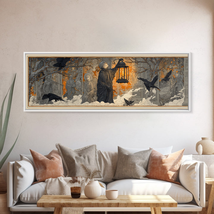 The Lantern Specter, Symbolist Death Art, Extra Wide Wall Art, Macabre Wall Art, Canvas Print, Halloween Wall Art, Spooky Wall Decor