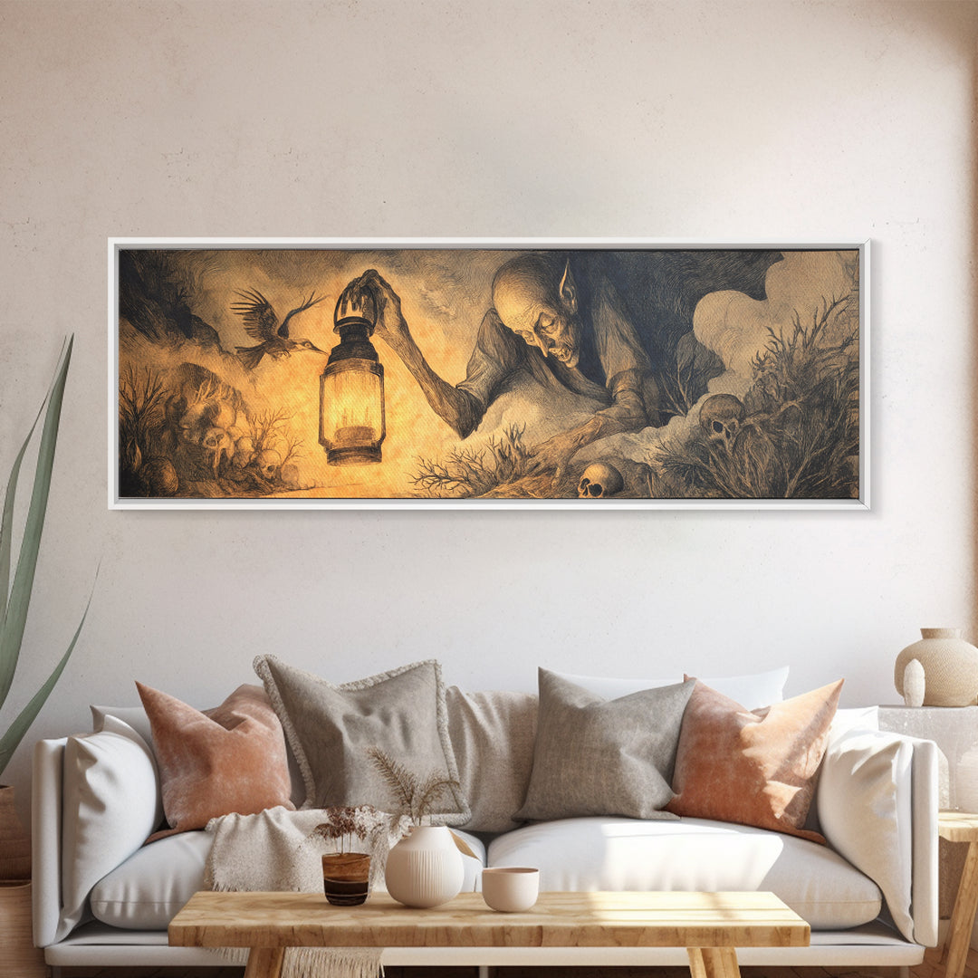 The Lantern Specter, Expressionist Nightmare Art, Extra Wide Wall Art, Macabre Wall Art, Framed Canvas Print, Halloween Wall Art