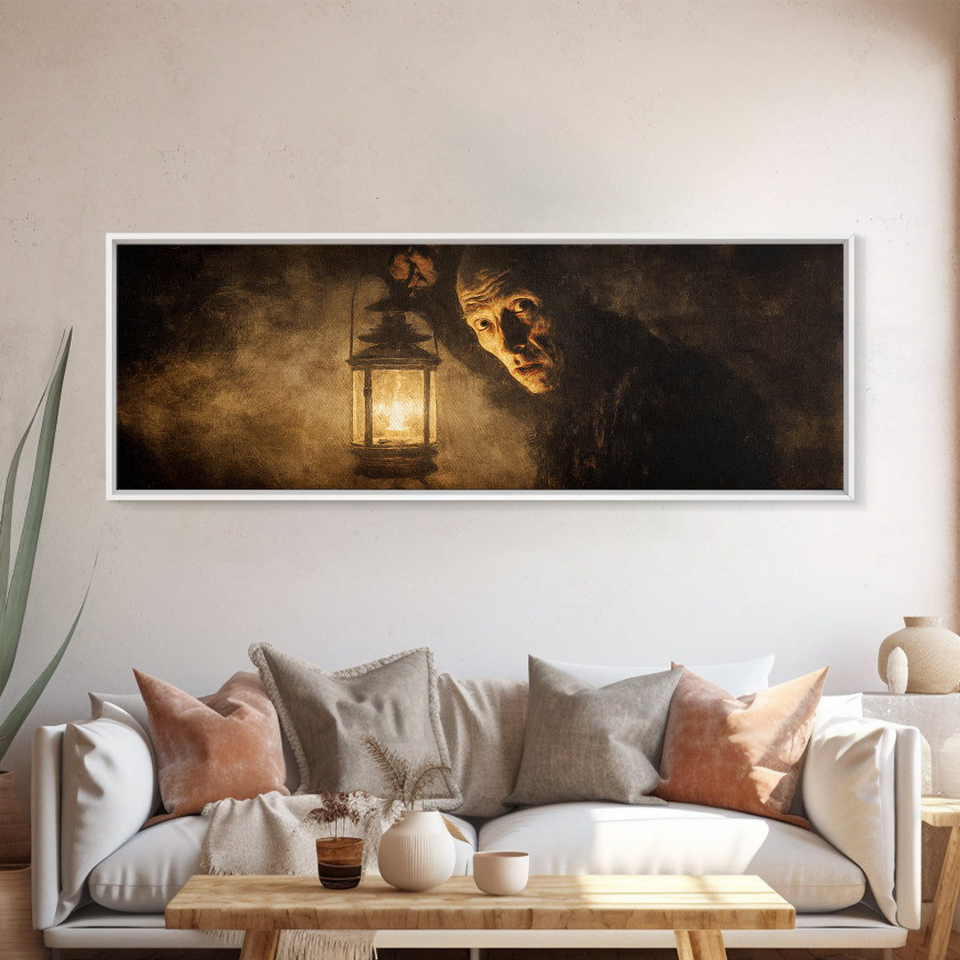 The Lantern Specter, Expressionist Gothic Art, Extra Wide Wall Art, Dark Halloween Decor, Canvas Print, Halloween Wall Art